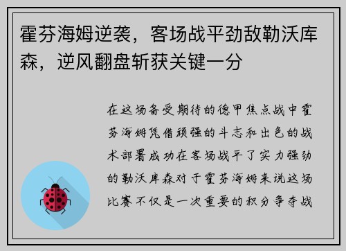 霍芬海姆逆袭，客场战平劲敌勒沃库森，逆风翻盘斩获关键一分