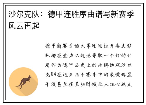 沙尔克队：德甲连胜序曲谱写新赛季风云再起